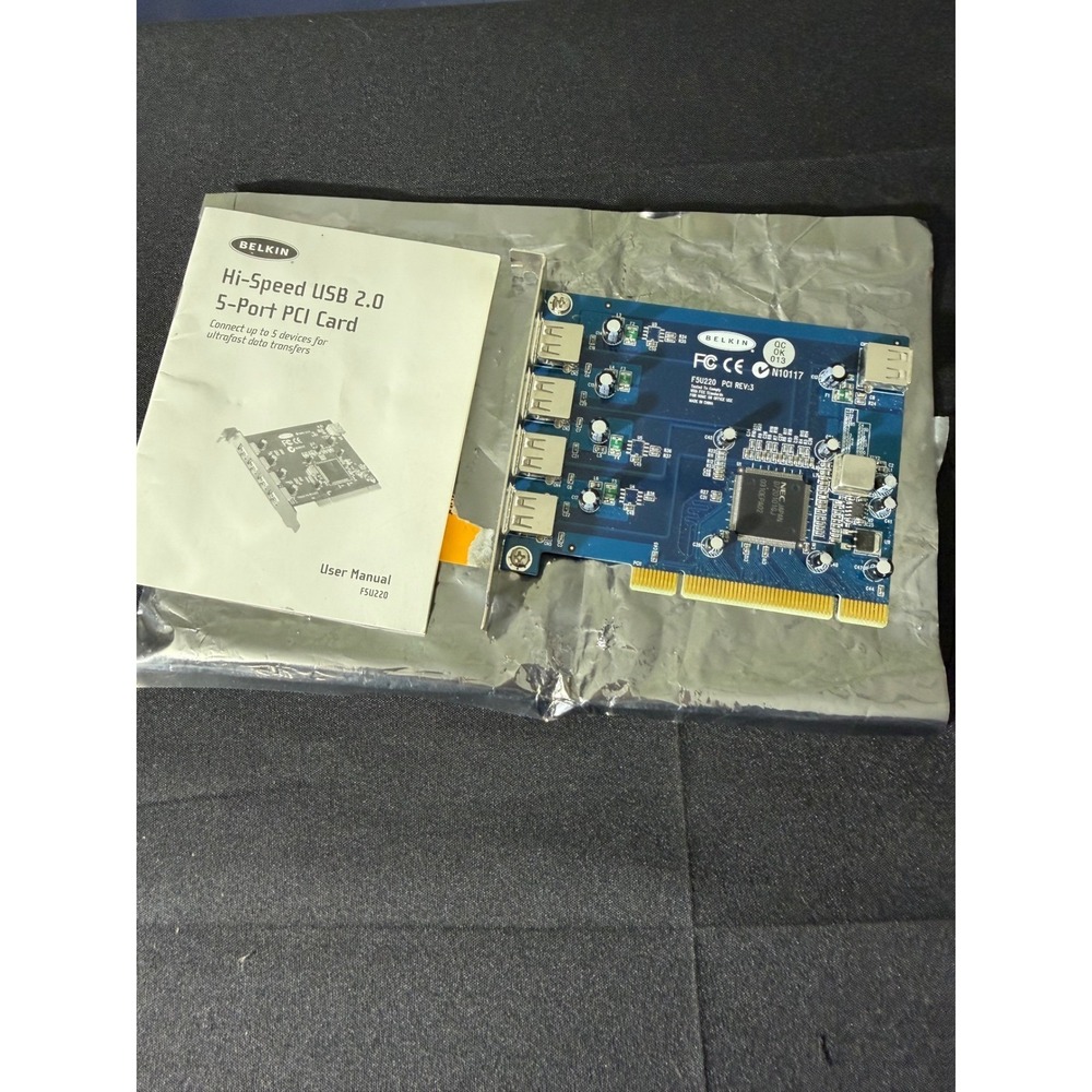 Belkin USB 2.0 5-Port PCI Card F5U220 Blue Excellent 4 External 1 Internal Port